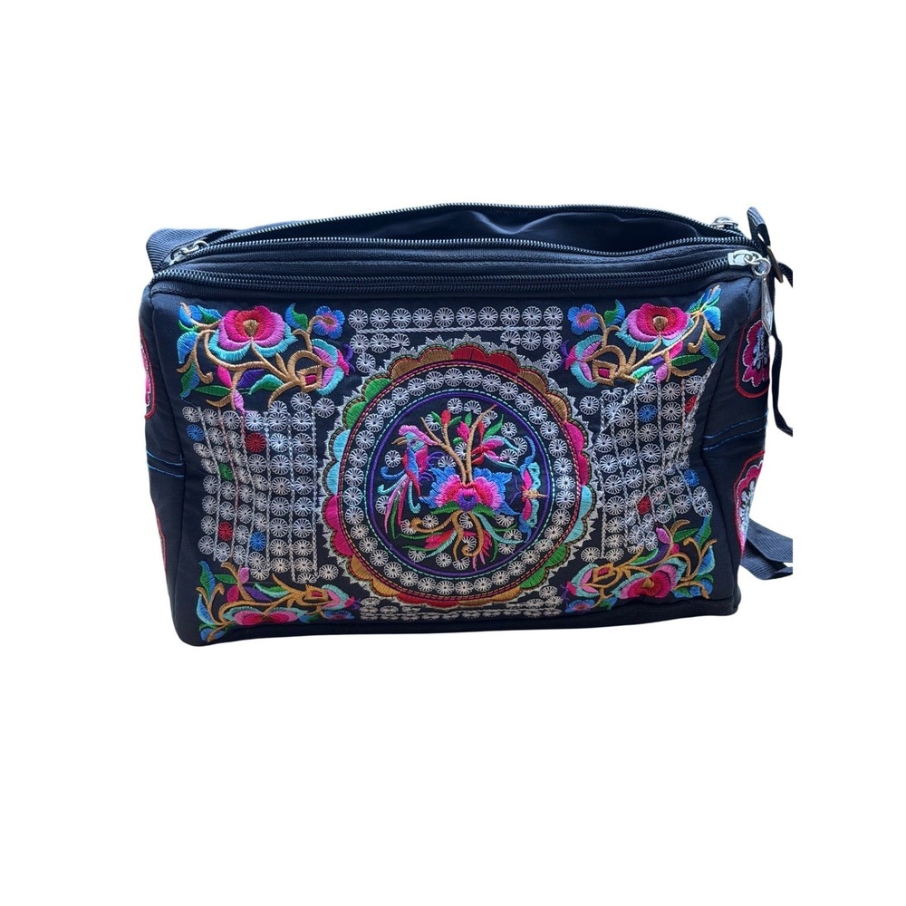 Boho Embroidered Floral Bird Crossbody Bag Black Canvas Multi Pocket Festival